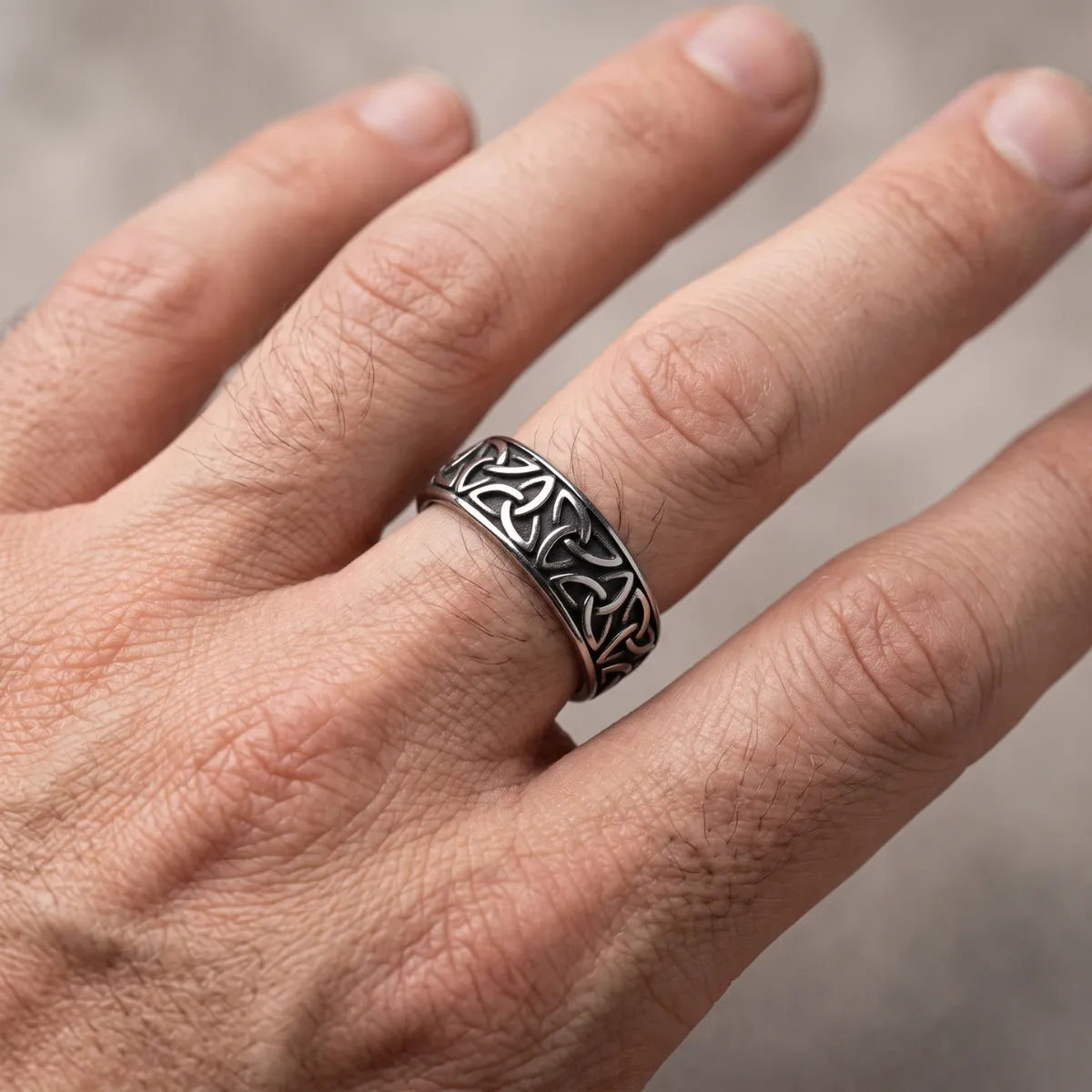 Celtic Knot Band Ring Silver Worn on Male Hand