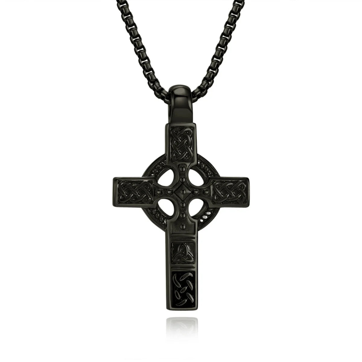 Celtic Knot Cross Necklace Black Pendant with Chain Front View White Background