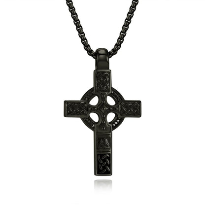 Celtic Knot Cross Necklace Black Pendant with Chain Front View White Background