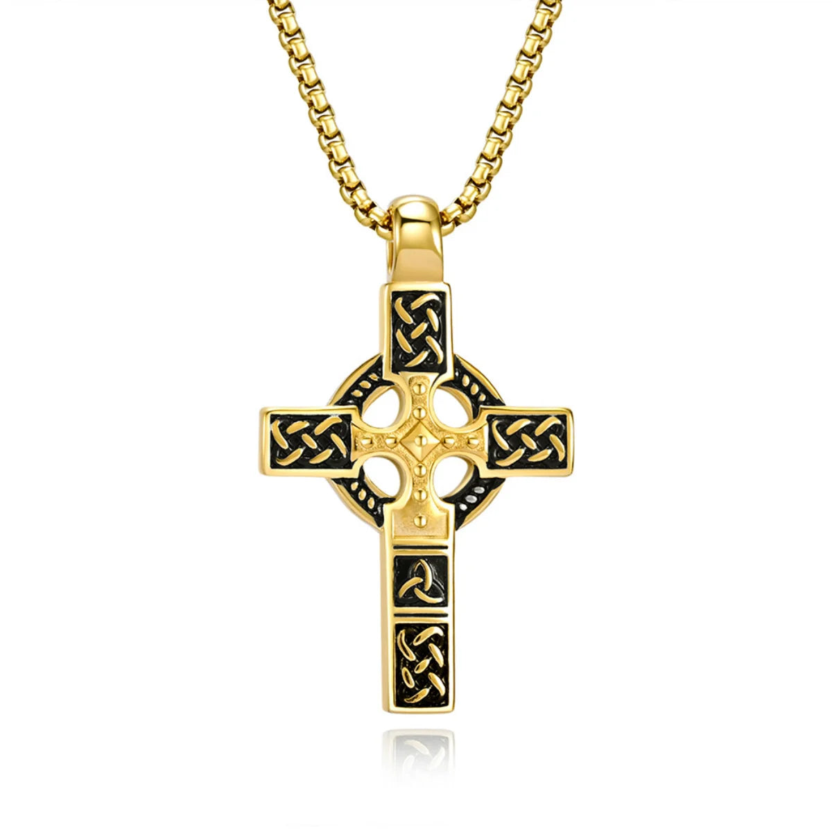 Celtic Knot Cross Necklace Gold Pendant with Chain Front View White Background