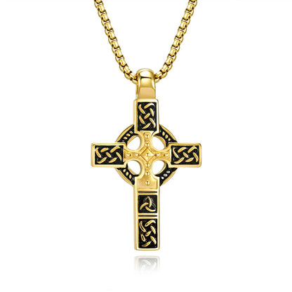 Celtic Knot Cross Necklace Gold Pendant with Chain Front View White Background