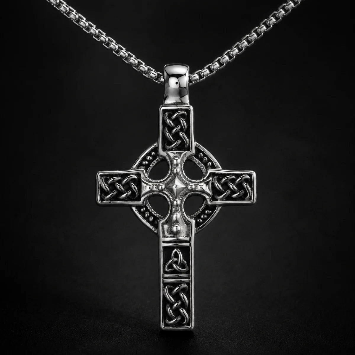 Celtic Knot Cross Necklace Silver Close Up Black Background