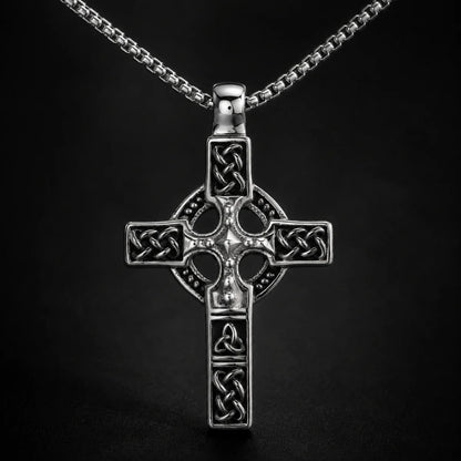 Celtic Knot Cross Necklace Silver Close Up Black Background