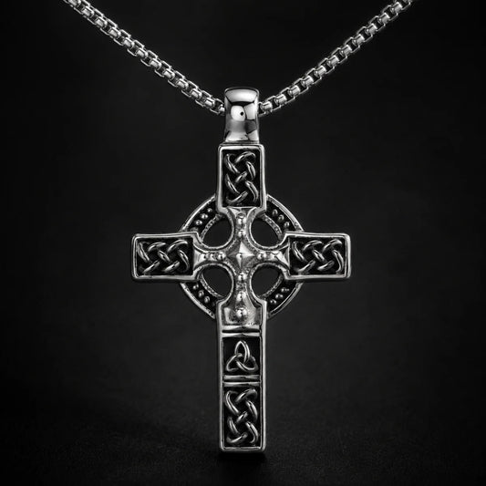 Celtic Knot Cross Necklace Silver Close Up Black Background