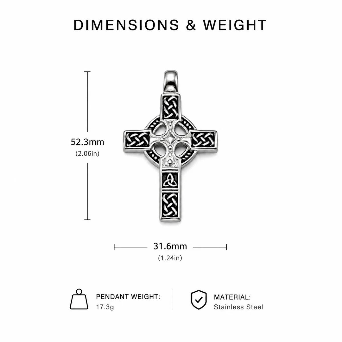 Celtic Knot Cross Necklace Silver Dimension Diagram 58.7mm 2.31inch and 36.6mm 1.44inch 15.6g 0.55oz