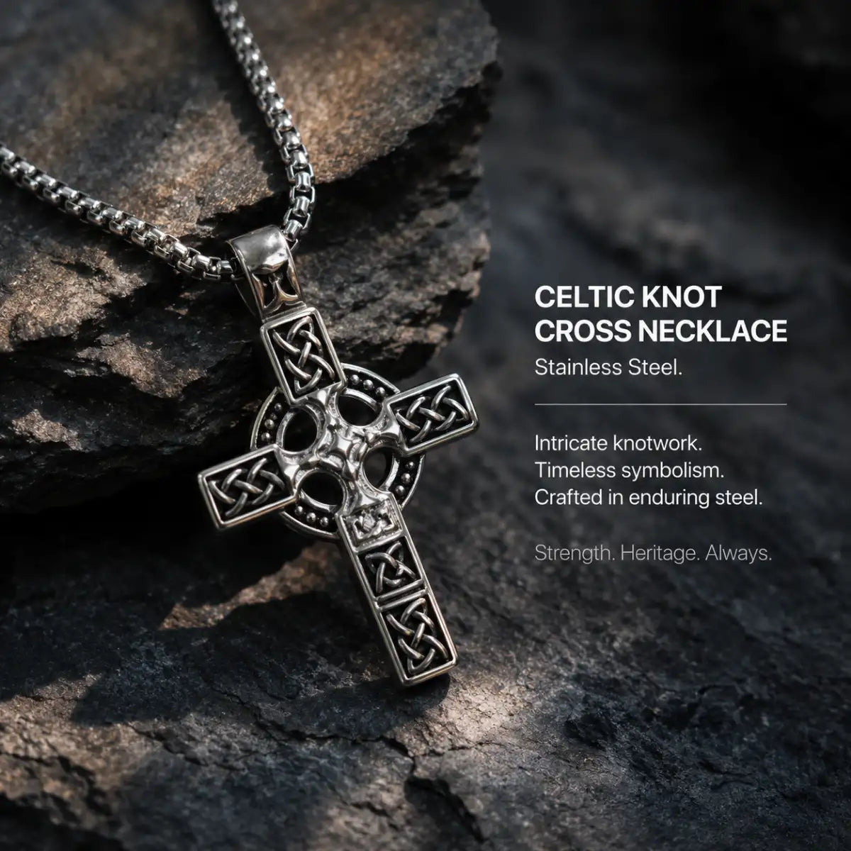 Celtic Knot Cross Necklace Silver Displayed on Stone Surface