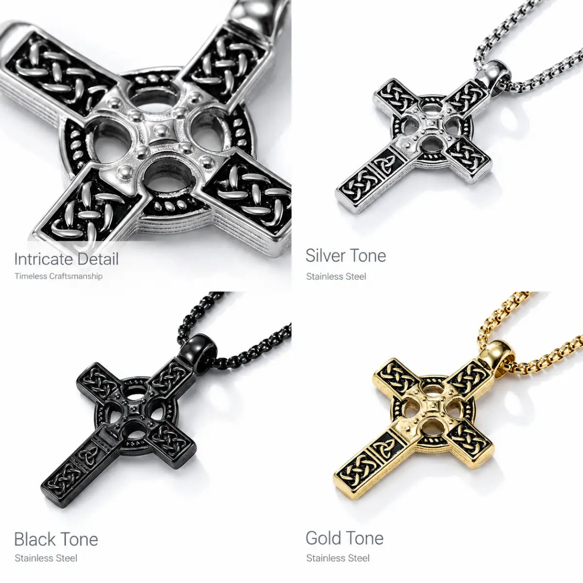 Celtic Knot Cross Necklace Silver Gold Black Color and Style Options Showcase