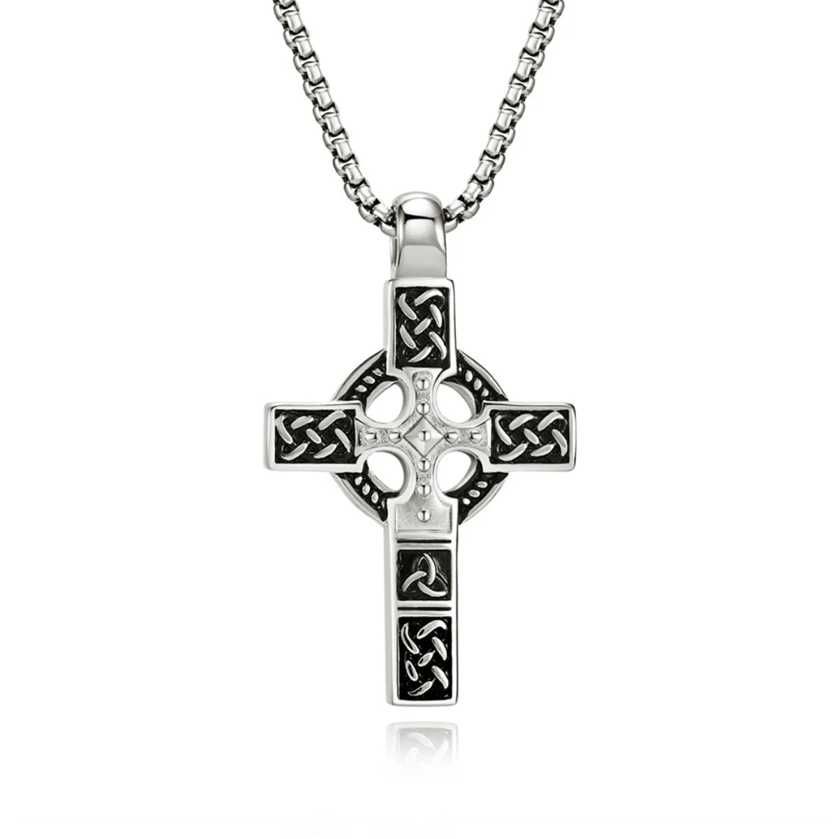 Celtic Knot Cross Necklace Silver Pendant with Chain Front View White Background