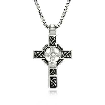 Celtic Knot Cross Necklace Silver Pendant with Chain Front View White Background