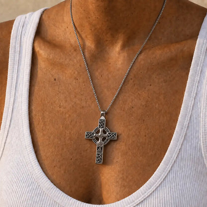Celtic Knot Cross Necklace Silver Worn by Model Chest View