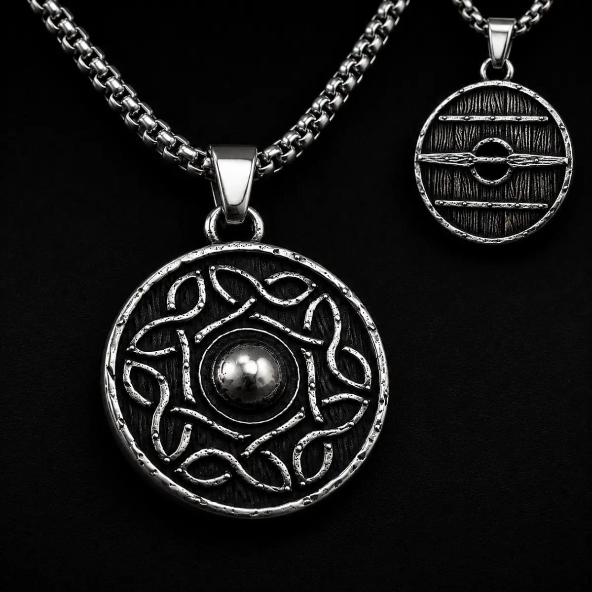 Celtic Knot Shield Pendant Necklace Silver Close Up Black Background
