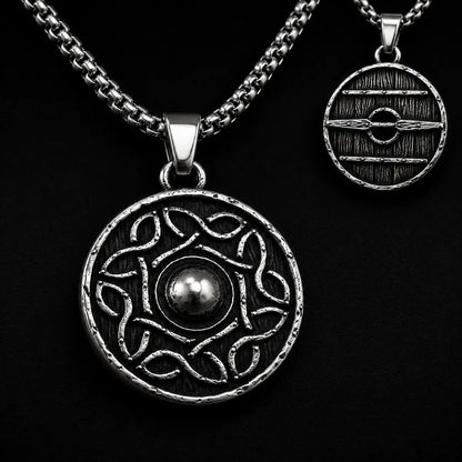 Celtic Knot Shield Pendant Necklace Silver Close Up Black Background