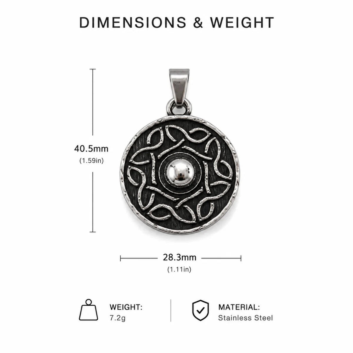 Celtic Knot Shield Pendant Necklace Silver Dimension Diagram 42.1mm 1.66inch and 28.5mm 1.12inch