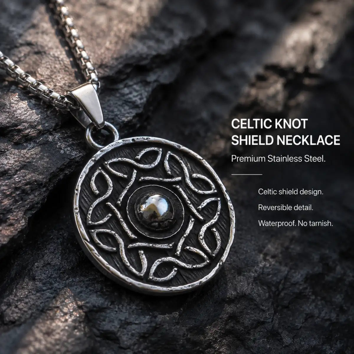 Celtic Knot Shield Pendant Necklace Silver Displayed on Stone Surface