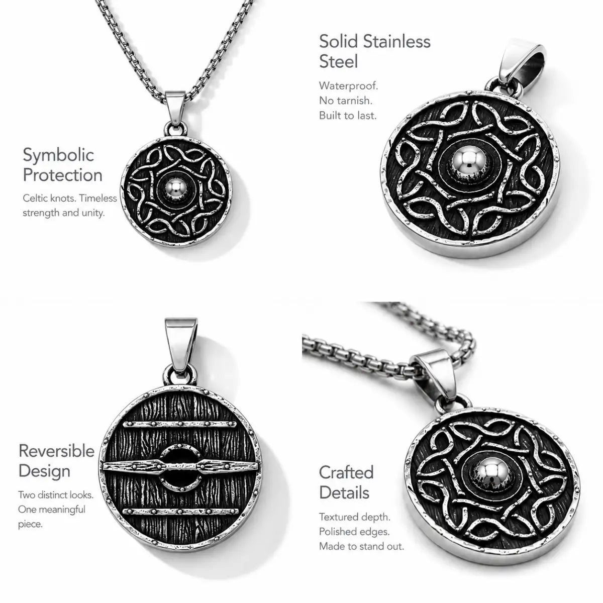Celtic Knot Shield Pendant Necklace Silver Multi Angle Product Feature Showcase