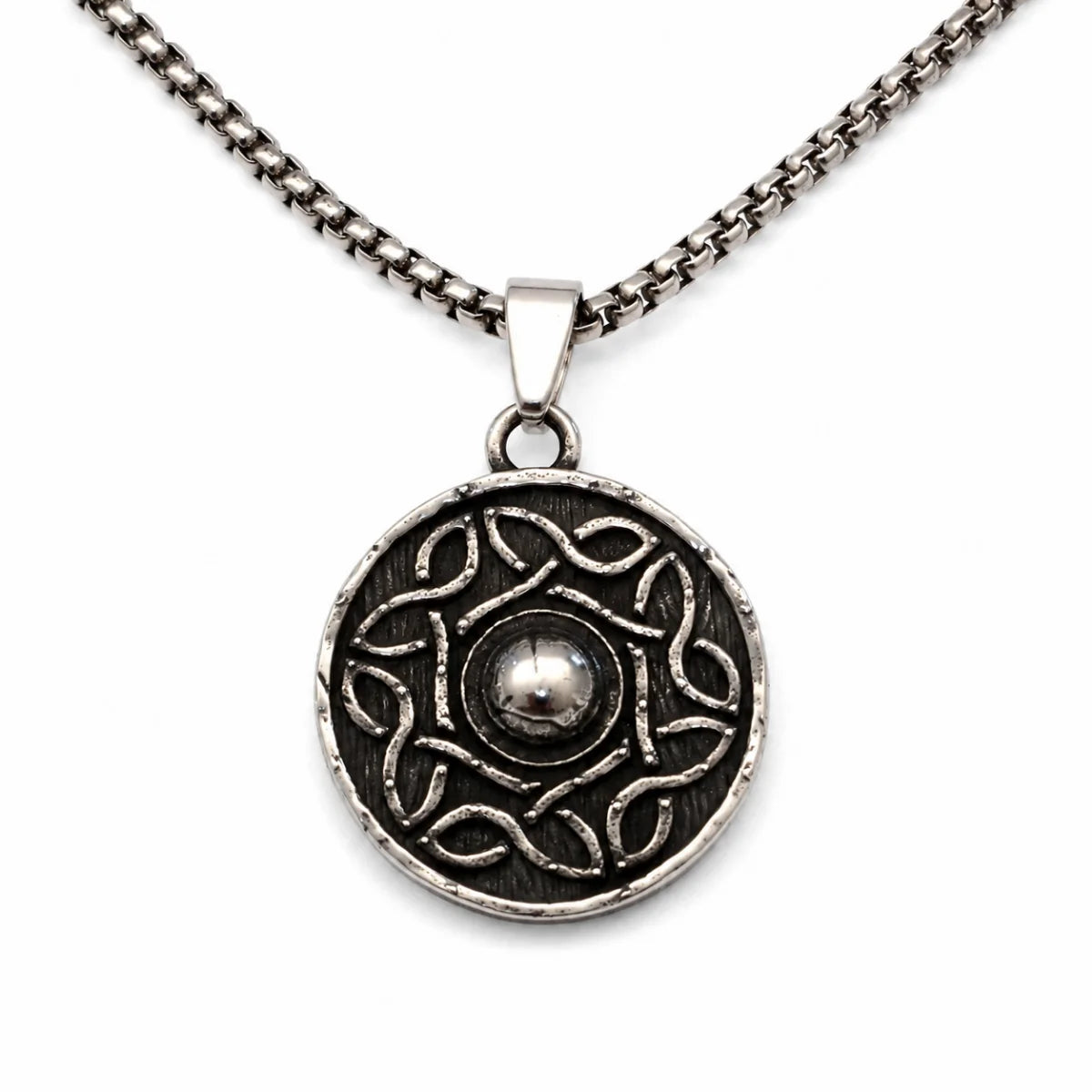 Celtic Knot Shield Pendant Necklace Silver Pendant with Chain Front View White Background