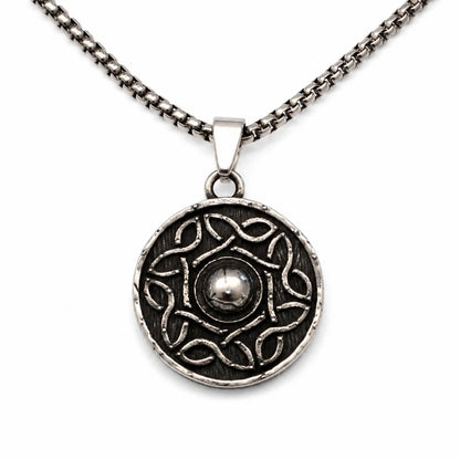 Celtic Knot Shield Pendant Necklace Silver Pendant with Chain Front View White Background
