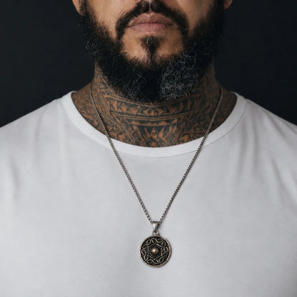 Celtic Knot Shield Pendant Necklace Silver Worn by Male Model Chest View