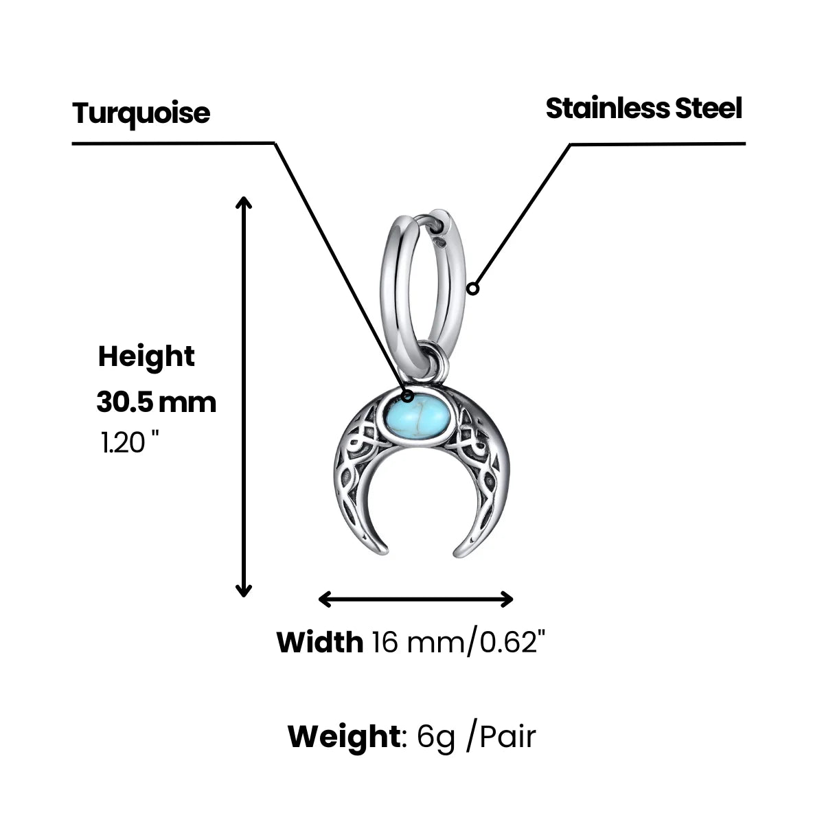 Celtic Knot Turquoise Crescent Hoop Earrings Dimensions and Weight