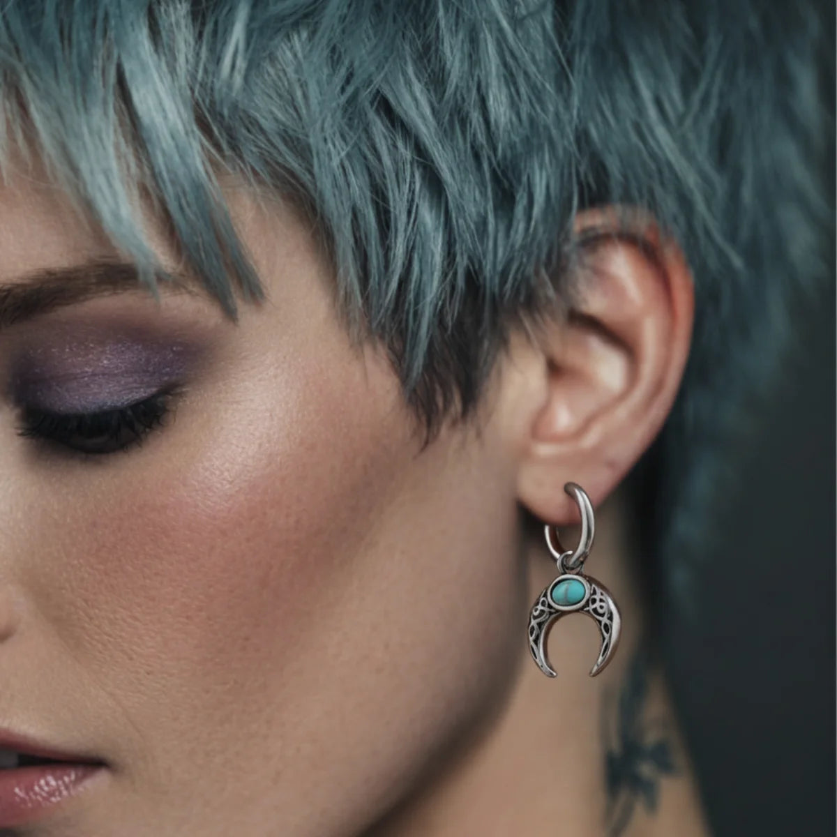 Celtic Knot Turquoise Crescent Hoop Earrings Worn by Female Model