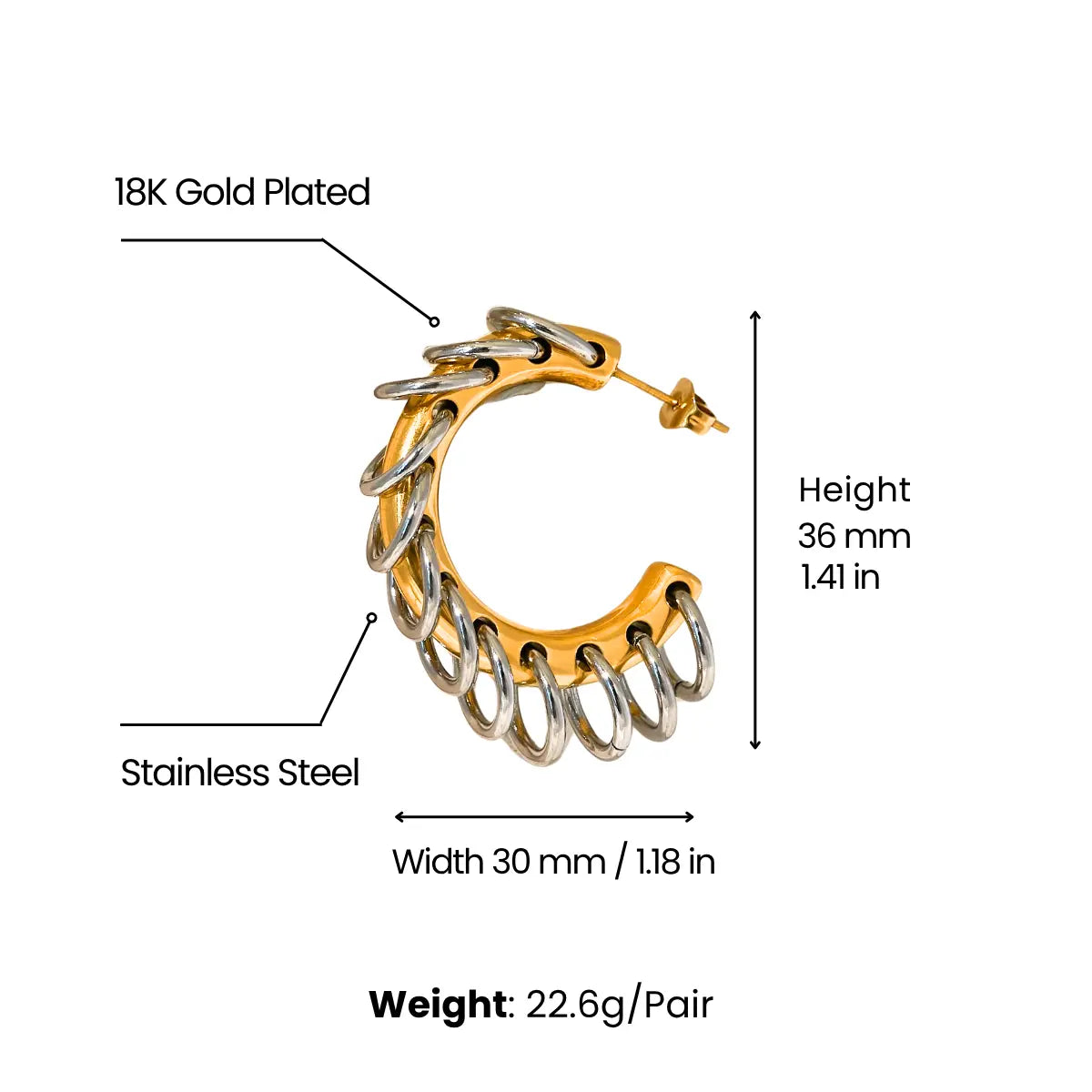Chain Link C Hoop Earrings Dimensions and Weight