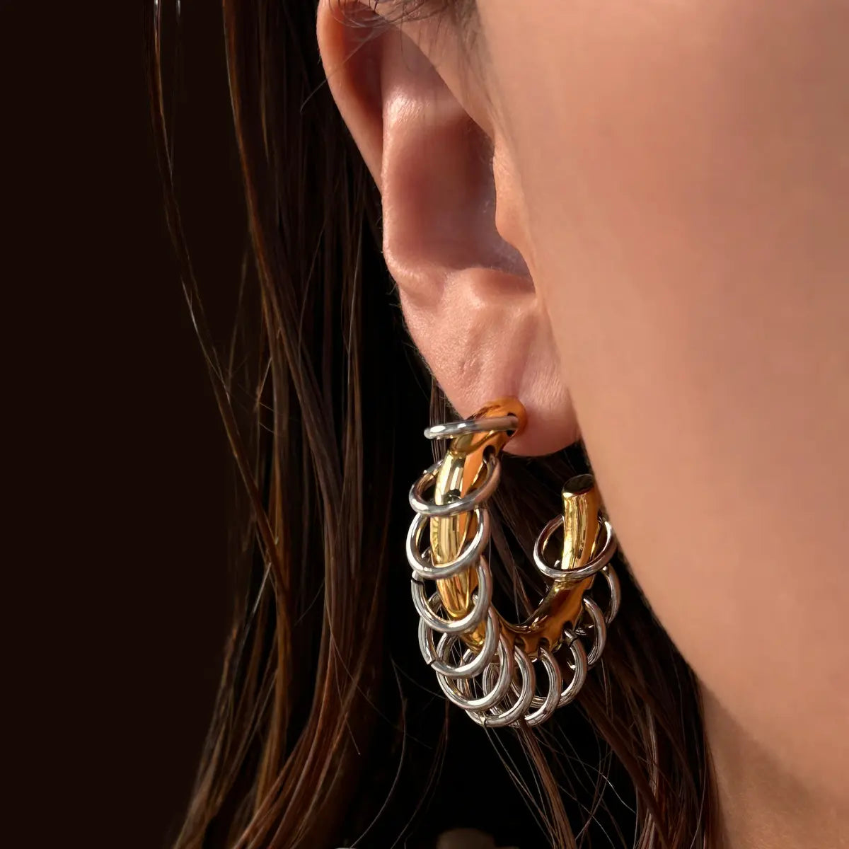 Chain Link C Hoop Earrings Gold Worn by Female Model Front View