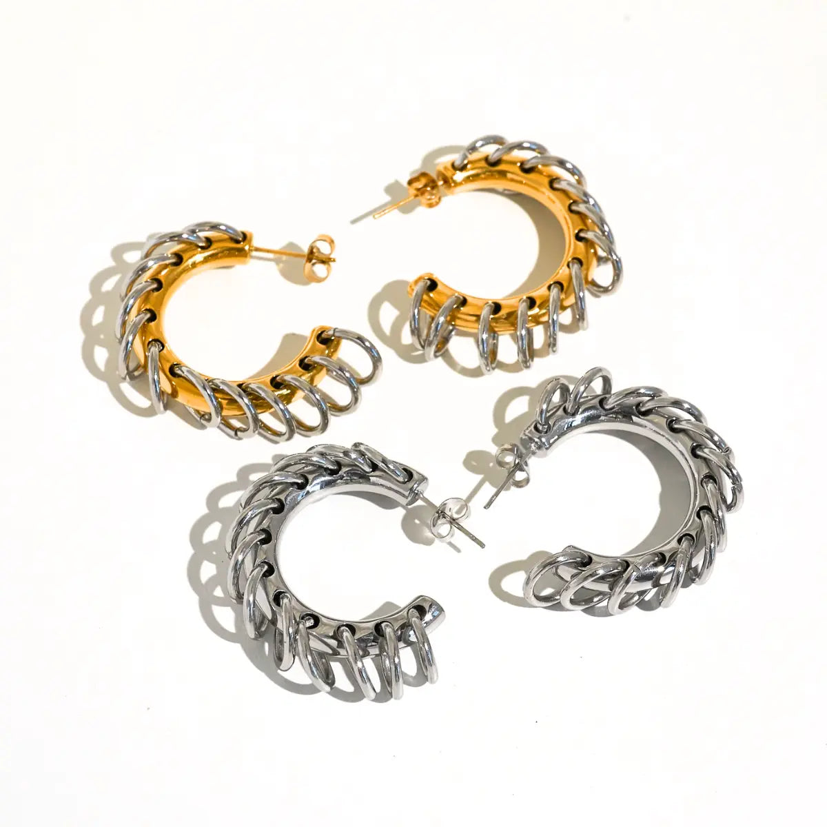 Chain Link C Hoop Earrings Gold and Silver Details
