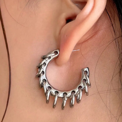 Chain Link C Hoop Earrings Silver Worn by Female Model Side View