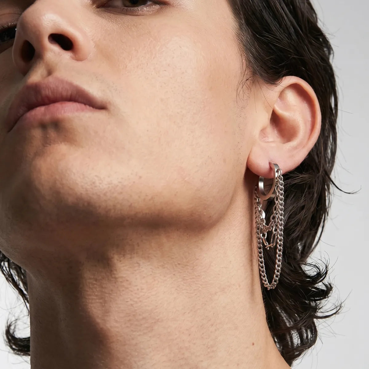 Chain Tassel Dangle Hoop Earrings Worn by Male Model Front View