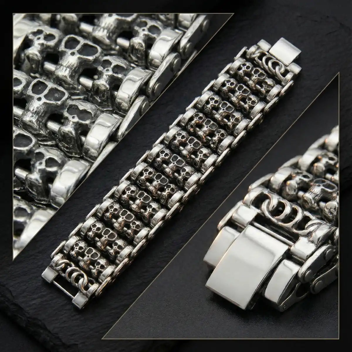 Chunky Multi Row Roller Skull Bracelet Close Up Details