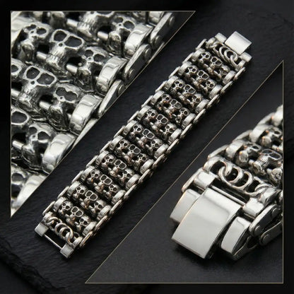 Chunky Multi Row Roller Skull Bracelet Close Up Details
