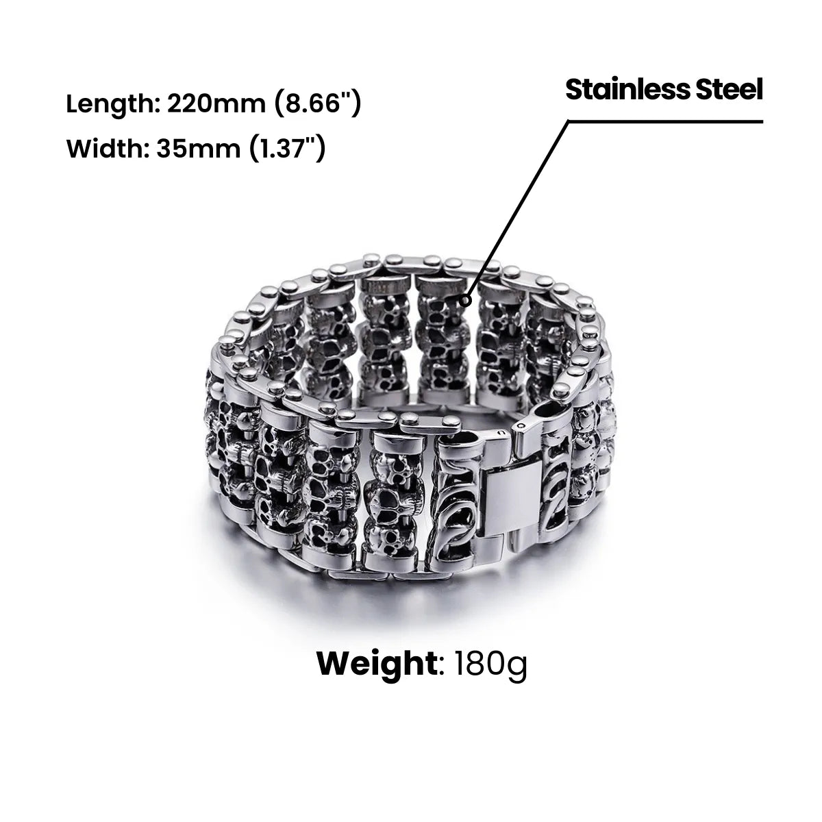 Chunky Multi Row Roller Skull Bracelet Dimensions and Weight