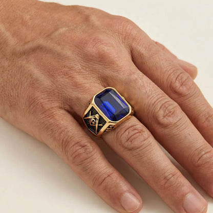 Classic Blue Masonic Ring Gold Worn by Male Model
