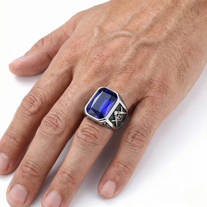 Classic Blue Masonic Ring Silver Worn by Male Model