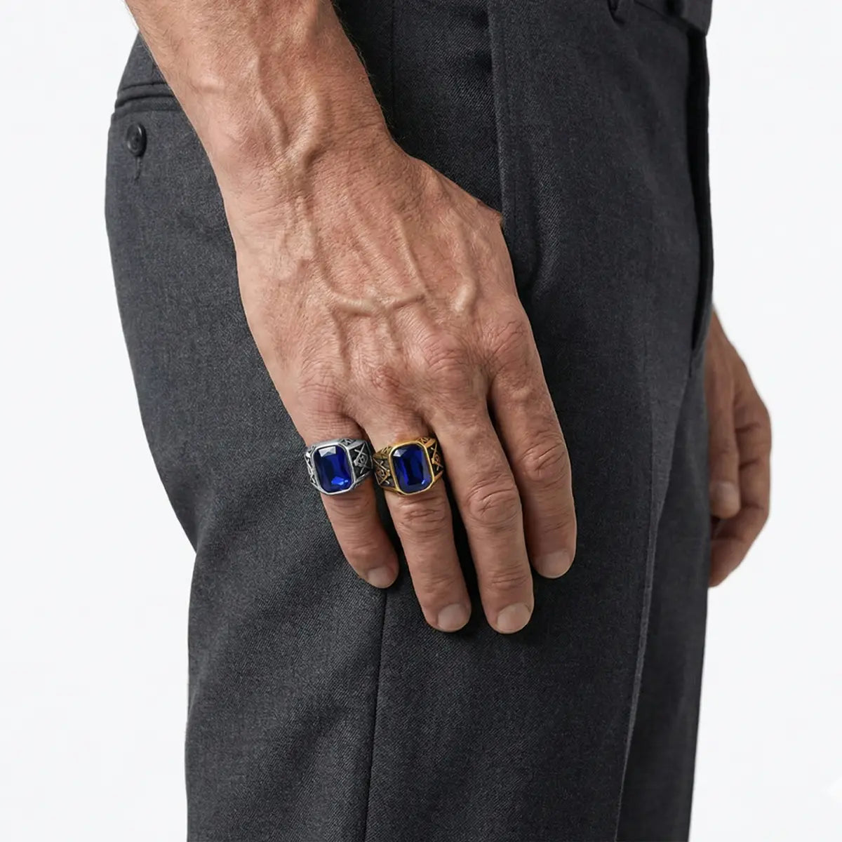 Classic Blue Masonic Rings Worn by Male Model