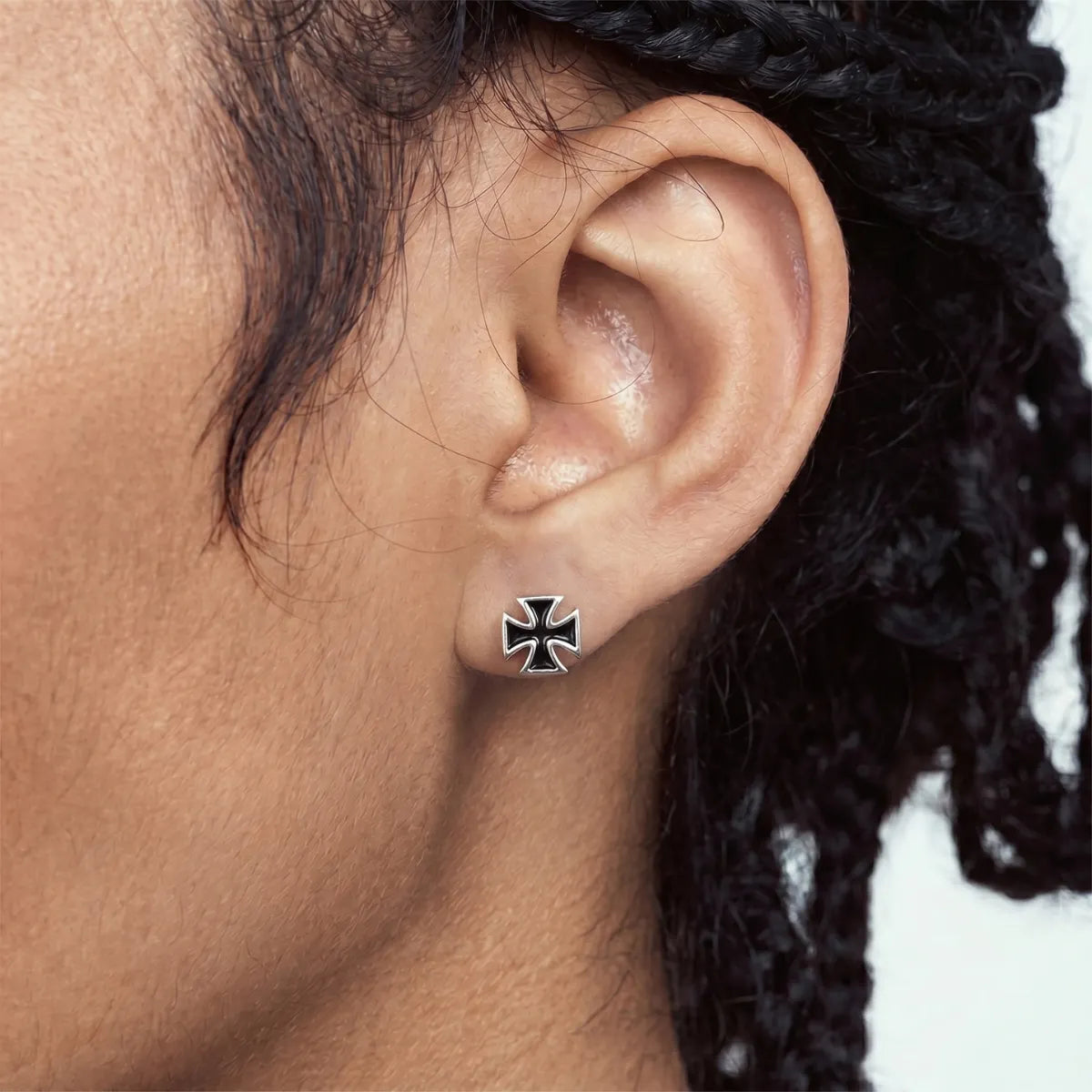 Classic Iron Cross Stud Earrings Worn by Male Model