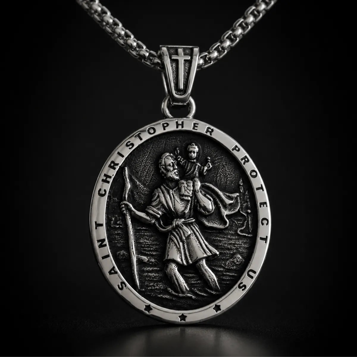 Classic Silver St Christopher Chain Necklace Close Up Black Background