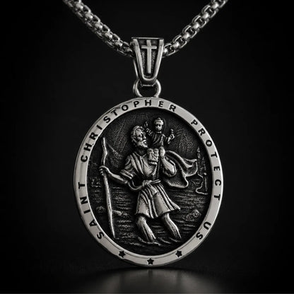 Classic Silver St Christopher Chain Necklace Close Up Black Background