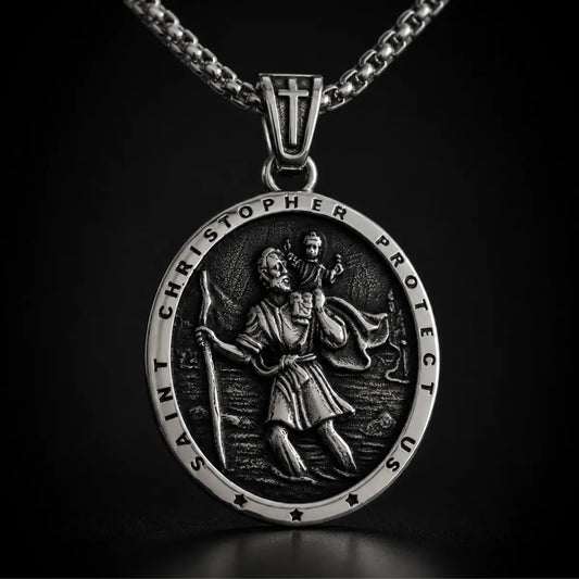 Classic Silver St Christopher Chain Necklace Close Up Black Background