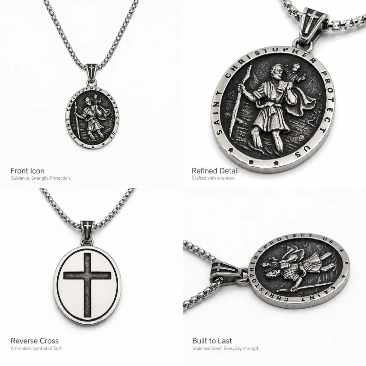 Classic Silver St Christopher Chain Necklace Details and Engraving Features Infographic