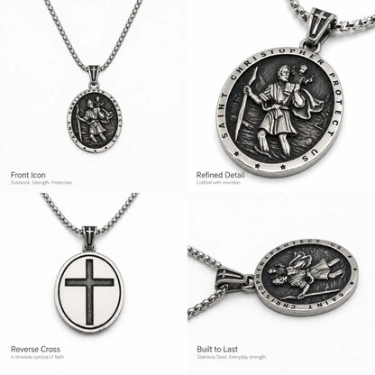 Classic Silver St Christopher Chain Necklace Details and Engraving Features Infographic