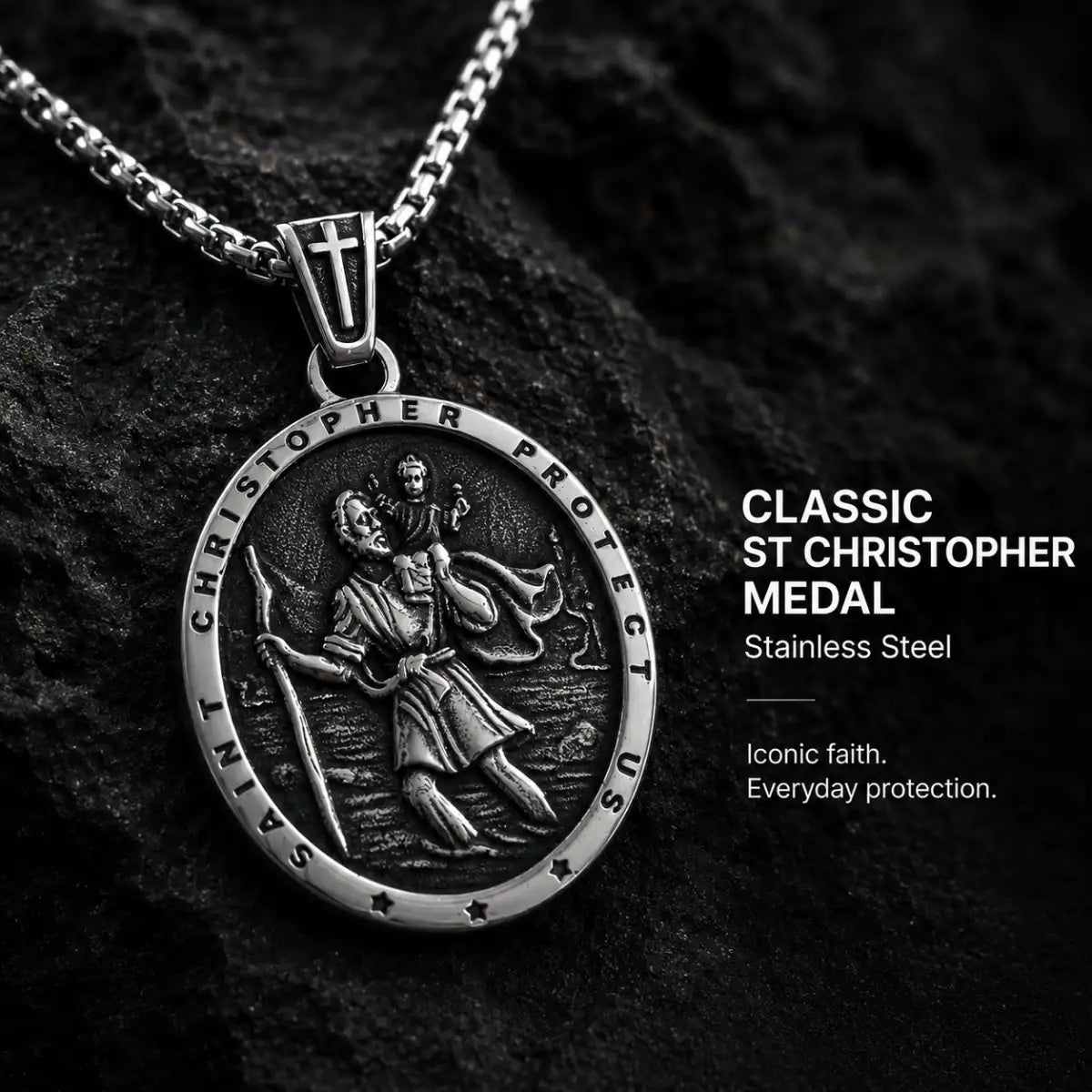 Classic Silver St Christopher Chain Necklace Displayed on Stone Surface