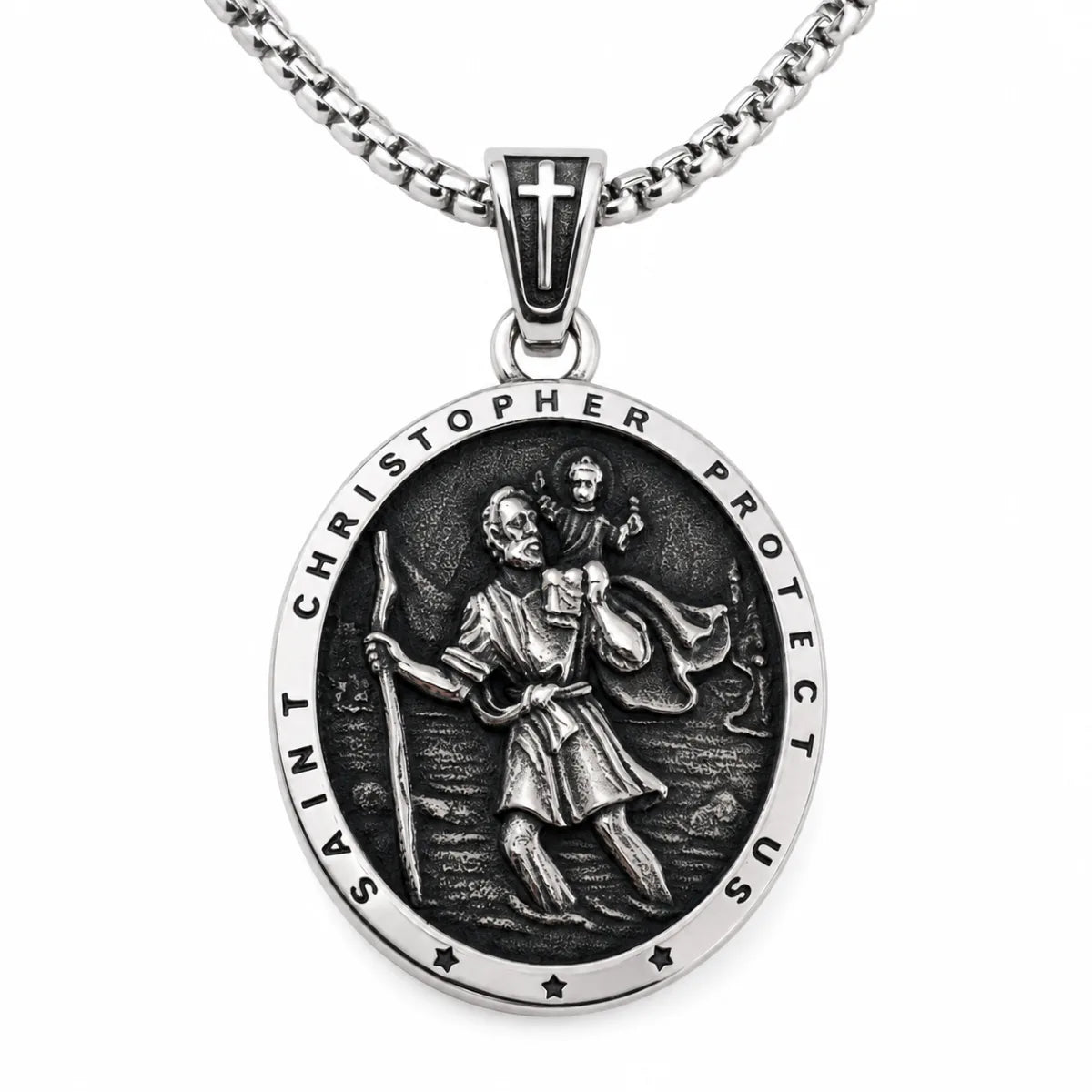 Classic Silver St Christopher Chain Necklace Pendant with Chain Front View White Background