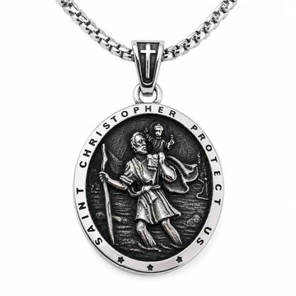Classic Silver St Christopher Chain Necklace Pendant with Chain Front View White Background