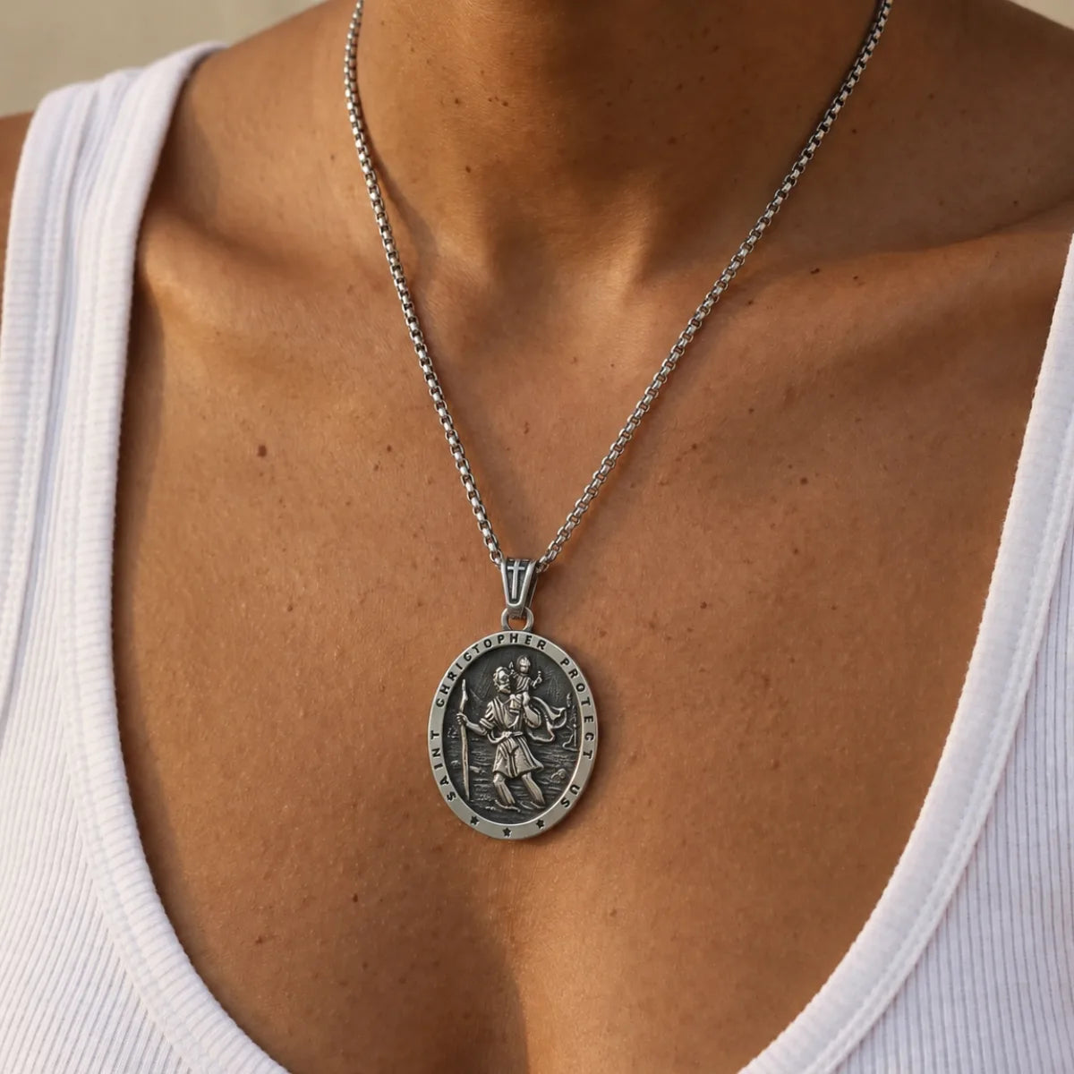 Classic Silver St Christopher Chain Necklace Worn by Model