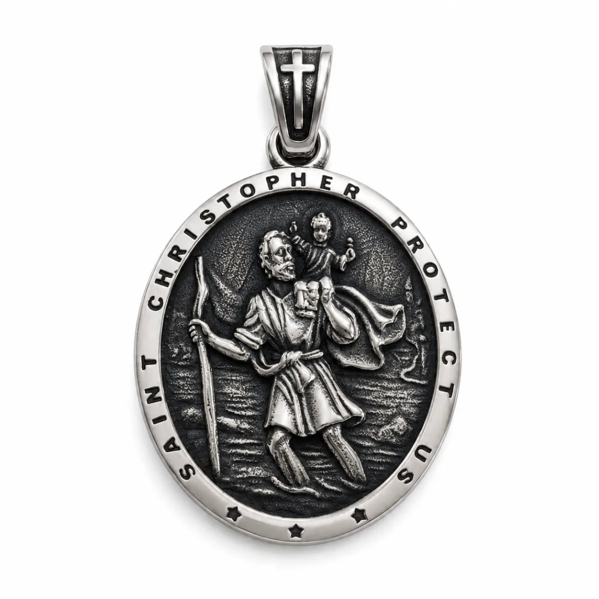 Classic Silver St Christopher Medal Pendant Only Front View White Background