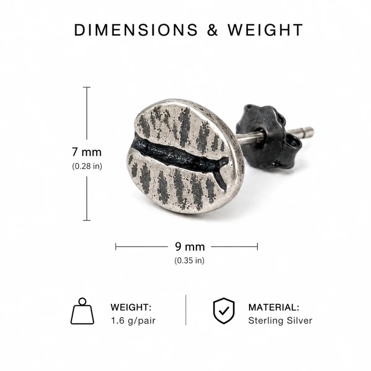 Coffee Bean Stud Earrings 925 Silver Dimension Diagram 7mm 0.28inch and 9mm 0.35inch