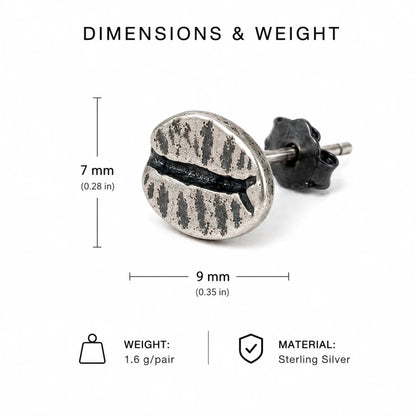 Coffee Bean Stud Earrings 925 Silver Dimension Diagram 7mm 0.28inch and 9mm 0.35inch