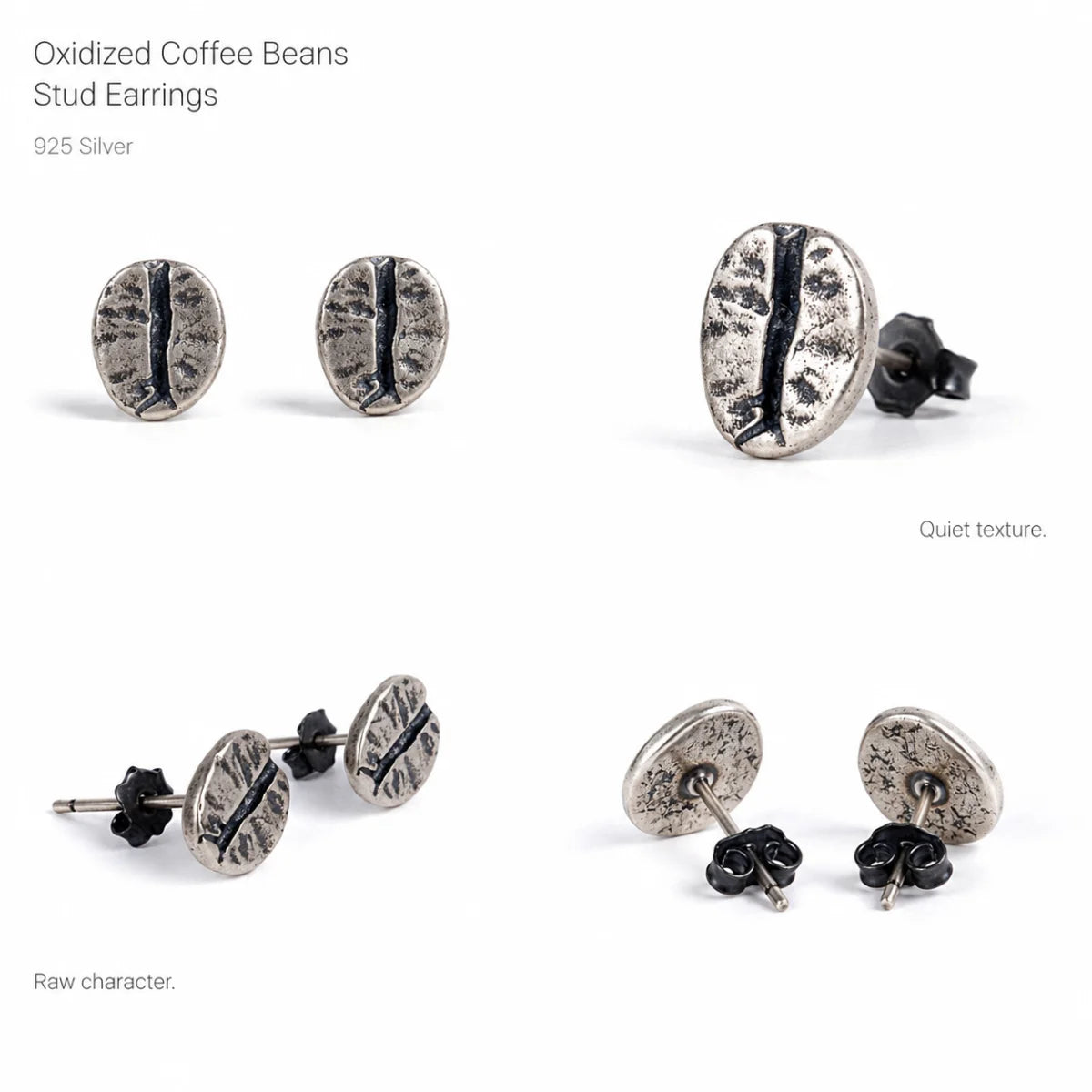 Coffee Bean Stud Earrings 925 Silver Multi Angle Product Feature Showcase