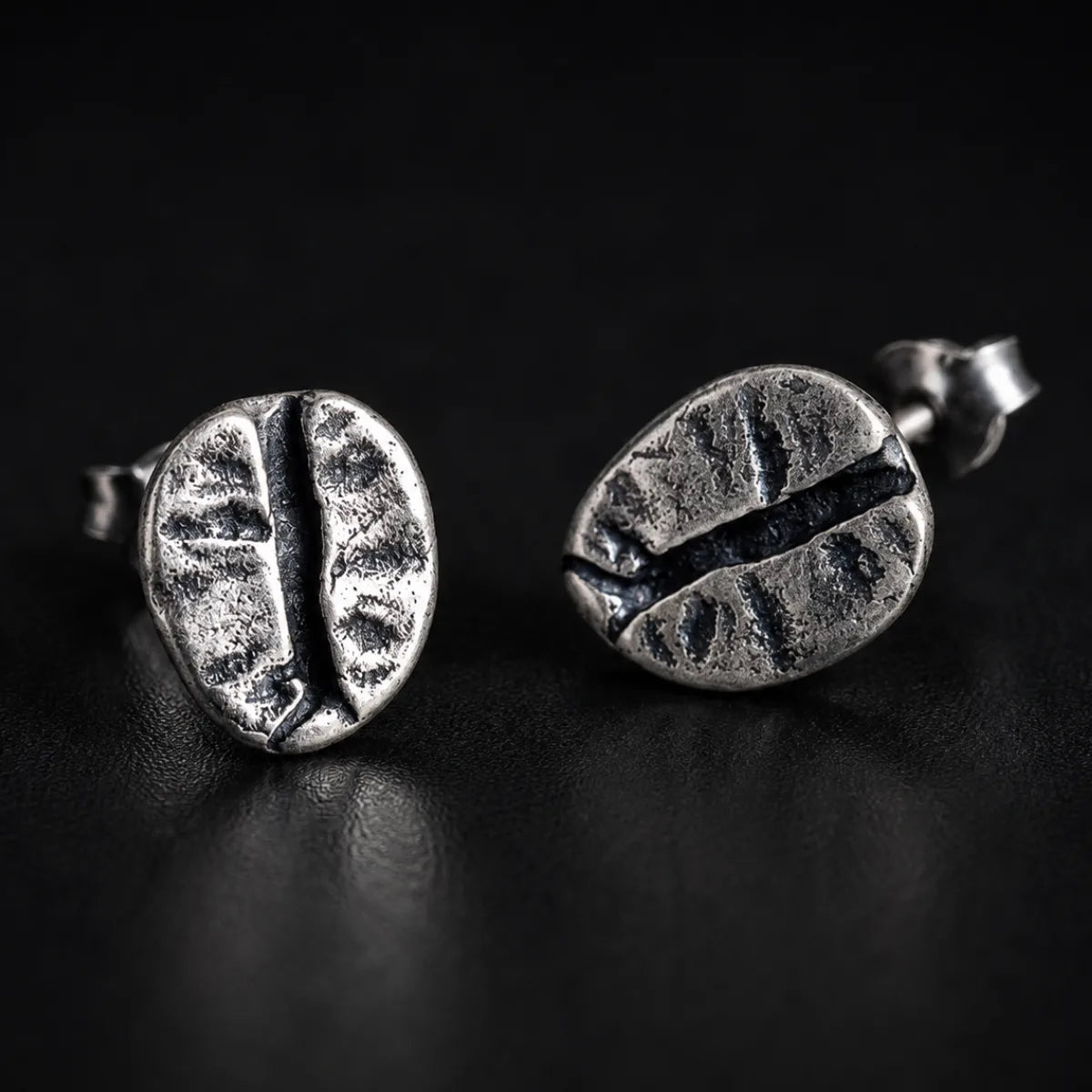 Coffee Bean Stud Earrings 925 Silver Pair Close Up Black Background